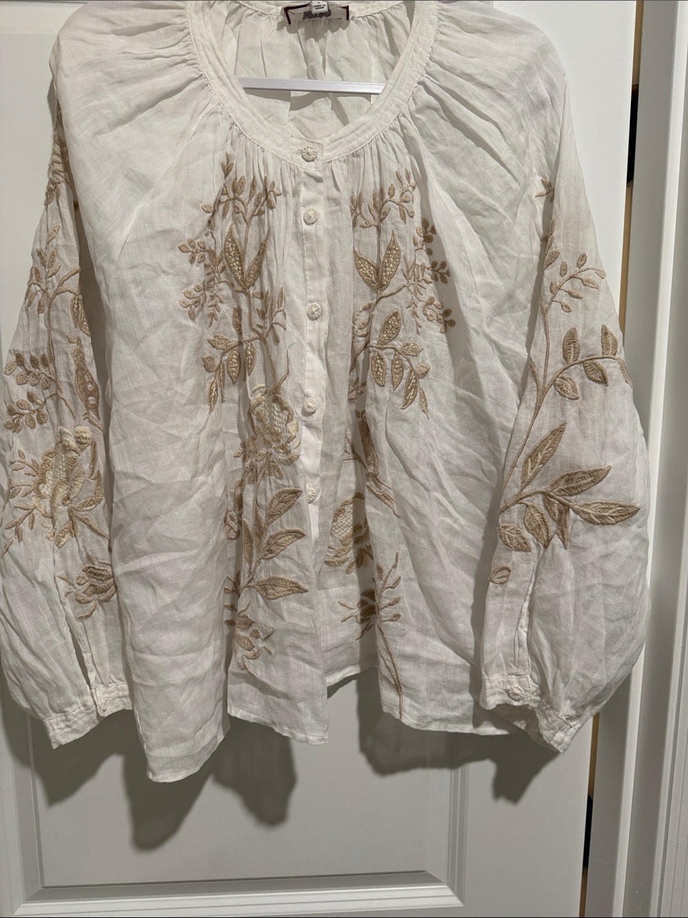 Johnny Was Cream Peasant Blouse with Beige Floral Embroidery
